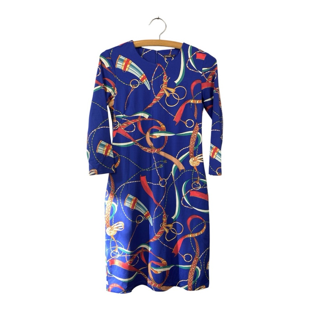 J McLaughlin Dress 3/4 Sleeve Blue Bold Print Size XS Zipper Back Pleated Comfy